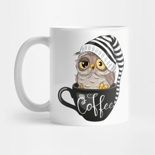 A cute sleepy owl with a nightcap sits in a cup labeled coffee Mug